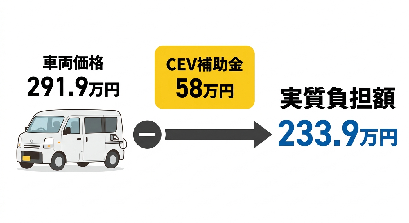 Honda N-VAN e:の価格とCEV補助金58万円を差し引いた実質負担額のイメージ図