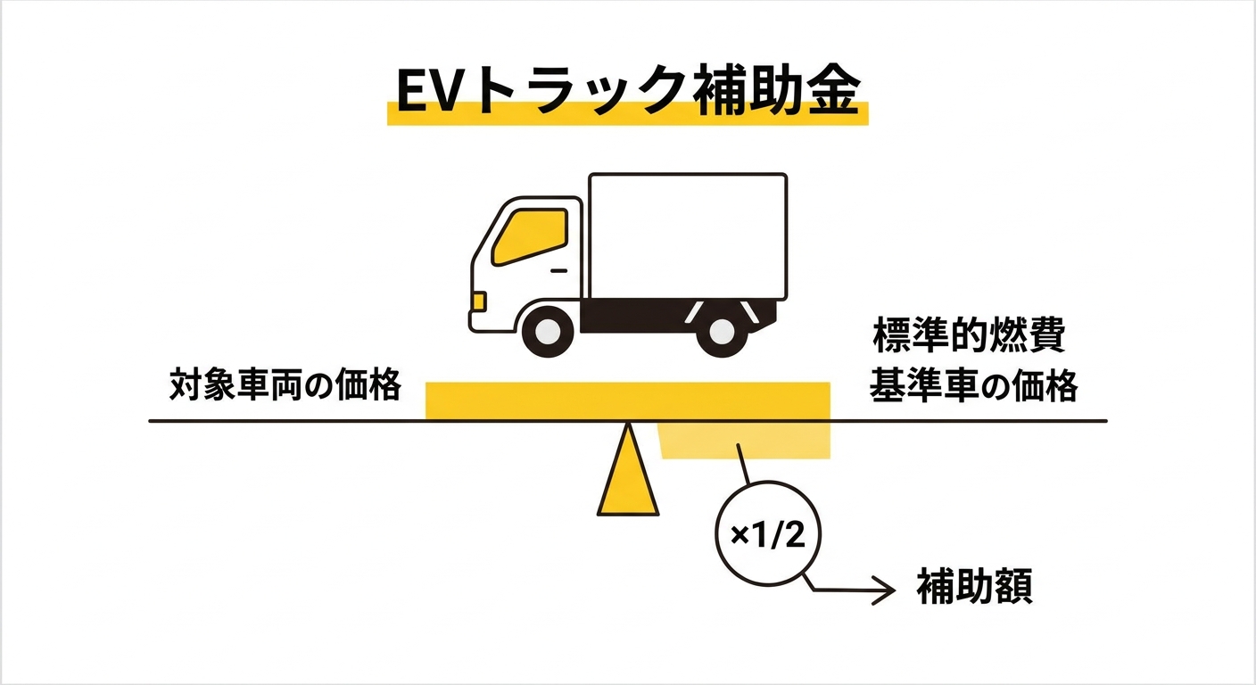 対象車両価格と標準的燃費基準車の価格差を算定して2分の1を補助する仕組みの図
