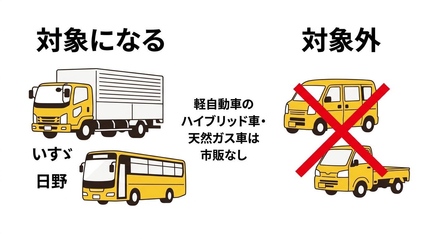 対象になるいすゞ・日野のハイブリッド／天然ガストラック・バスと対象外になる軽バン・軽トラの比較図