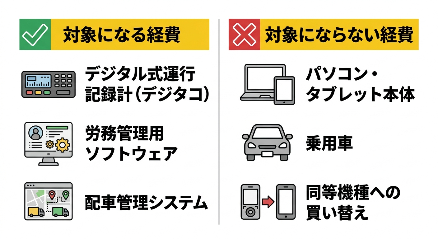 対象経費と対象外経費の比較図。デジタコ・労務管理ソフト・配車システムは対象、パソコン単体・乗用車・同等機種への買い替えは対象外であることを示す図