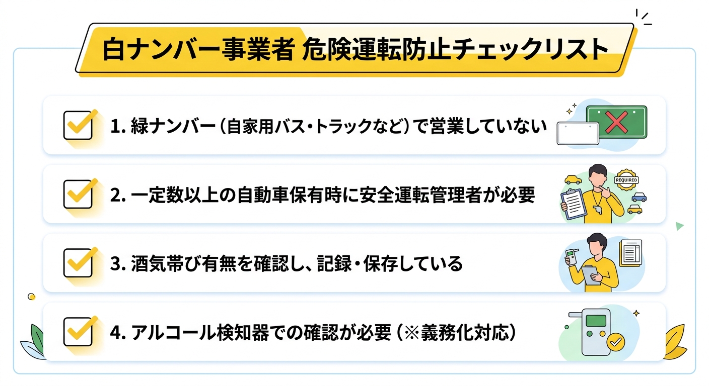 経営者向け対象チェックリスト(黒ナンバー営業・営業所ごとの選任・個人事業主の兼任・講習修了要件の4項目)