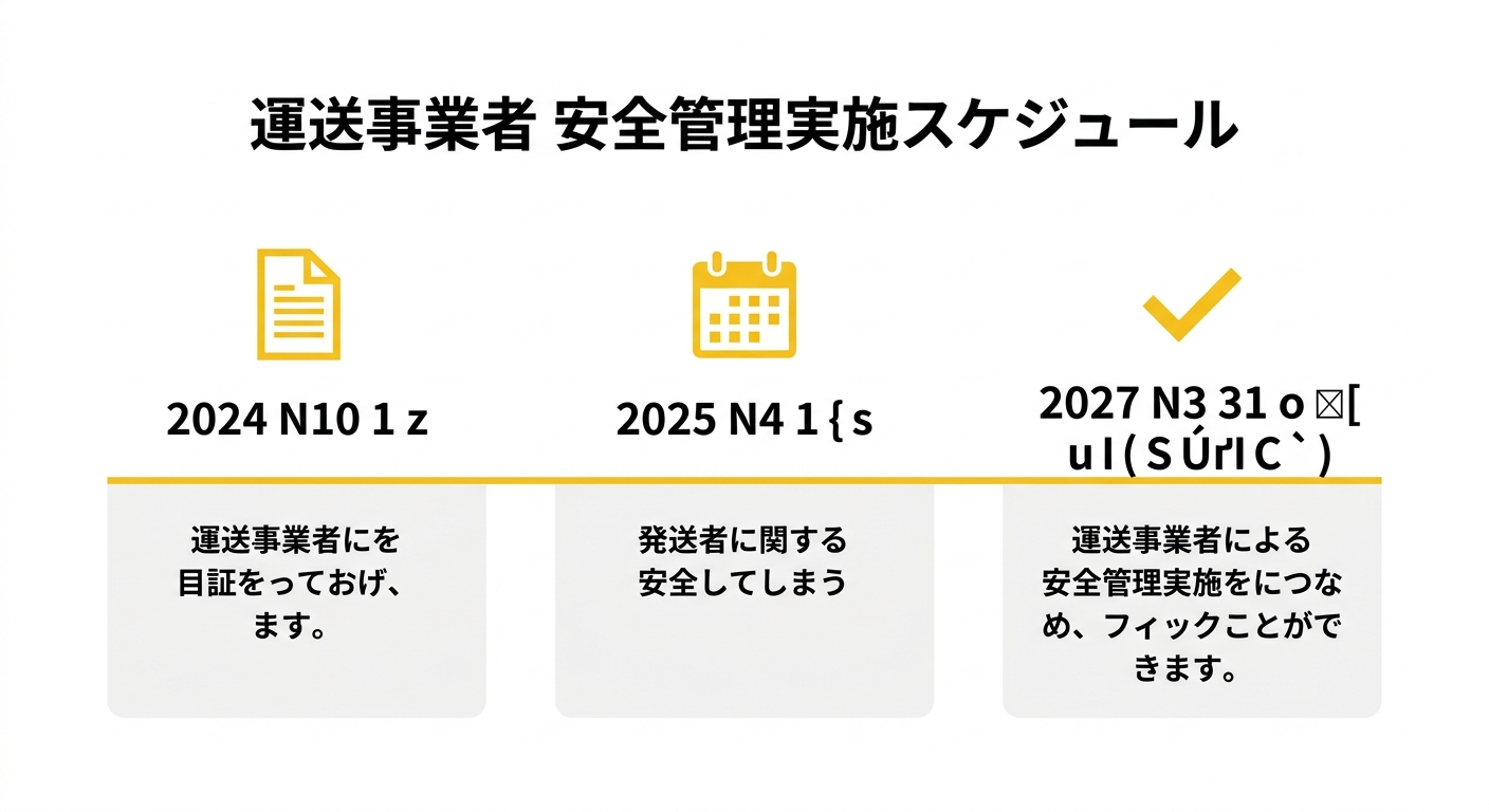 貨物軽自動車安全管理者制度のスケジュール(公布・施行・経過措置満了の3段階タイムライン)